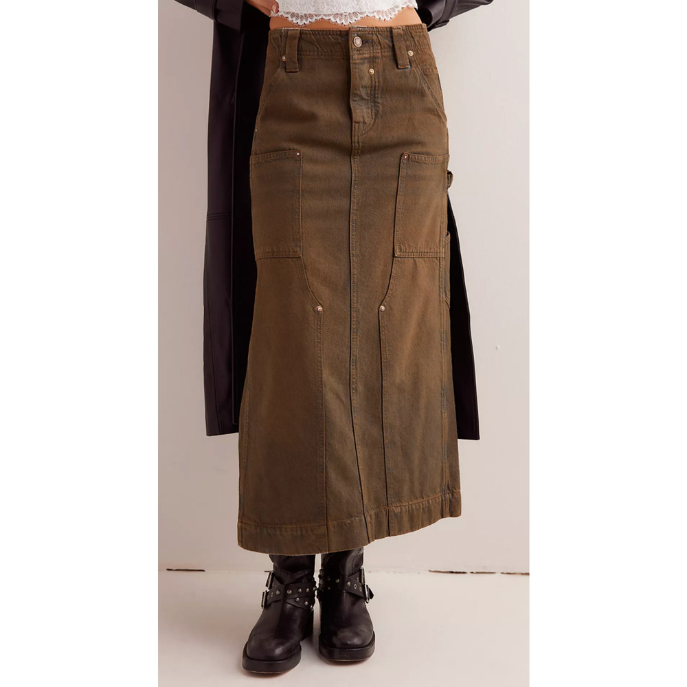 NEW FREE PEOPLE WE THE FREE NEW MOON HARMONICA COATED DENIM MAXI SKIRT SZ 26